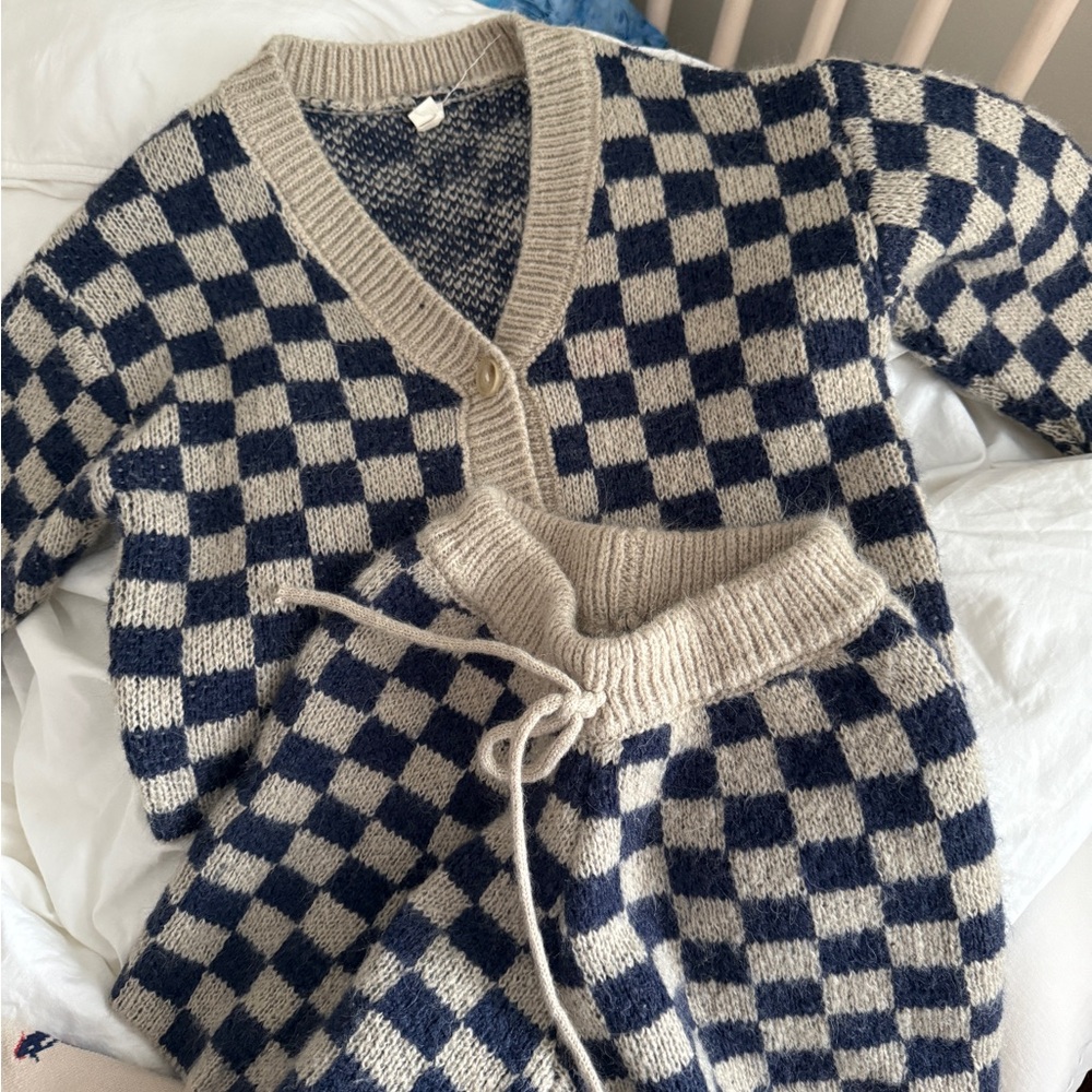 Toddler Boy Checkered Sweater - Navy and Beige